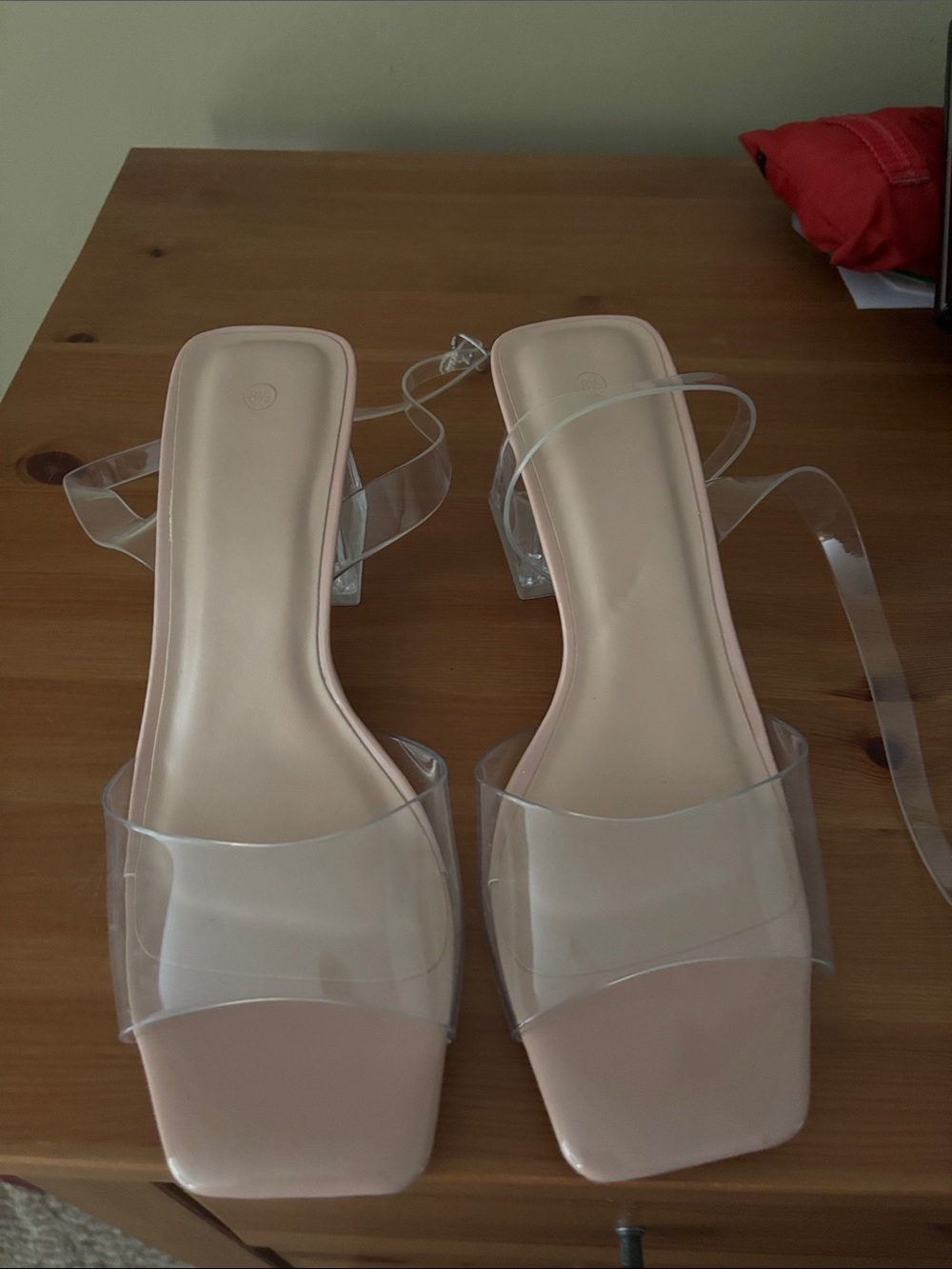 Clear Strap Nude Block Heel Sandals - Women